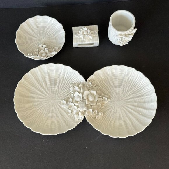 Vintage MCM White Ceramic Capodimonte Style Floral DoubleTrinket Dish Match Cup - Picture 2 of 9